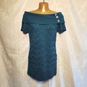 deb Fold Over Off The Shoulder Sweater Women's L Teal Tunic Knit Form‎ Fitting